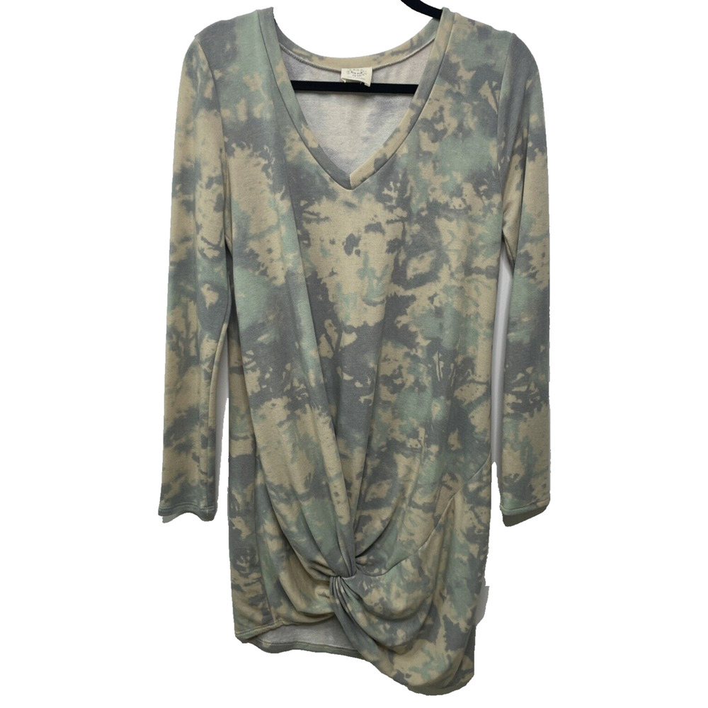 FANTASTIC FAWN V Neck Camo Tie Dye Sweatshirt Dress Tunic Pastel Boho Women M